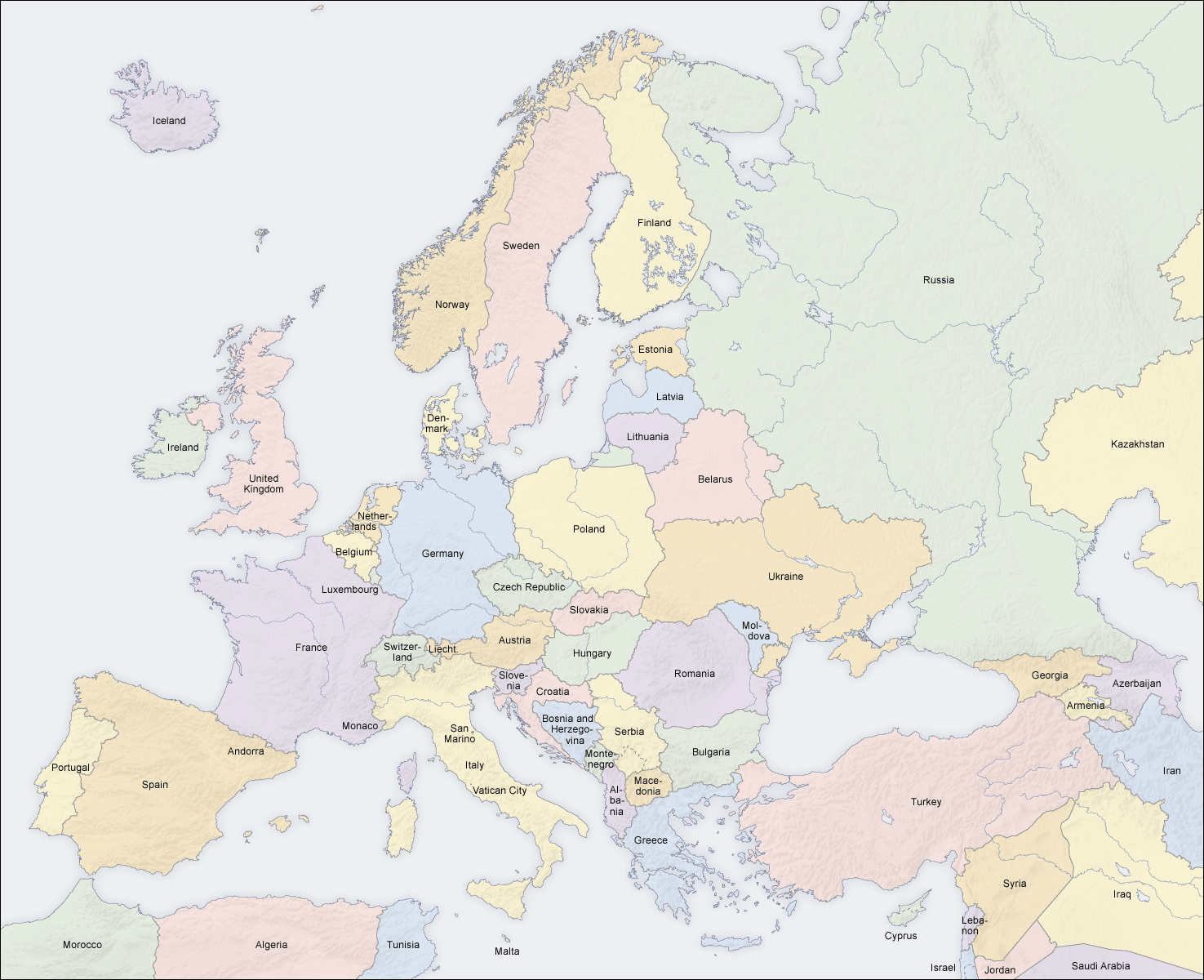 Political map of Europe showing Switzerland and Austria